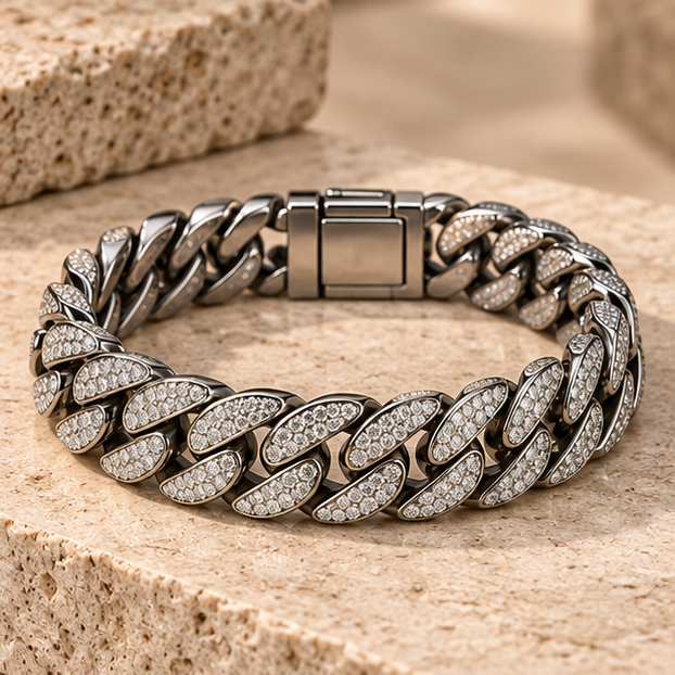 Bracelet Cubain Pavé Homme – Acier 316 – vue principale – LEONIS ZEVARA