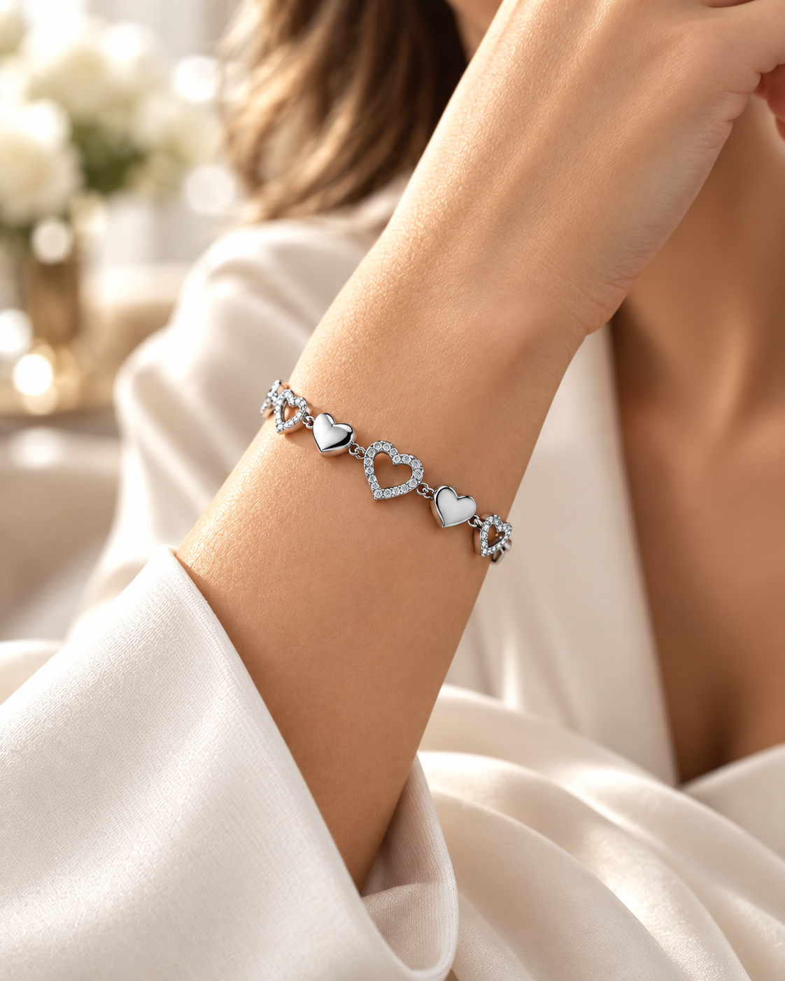 LEONIS ZEVARA Bracelet Tennis Cœurs Femme - porté