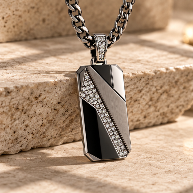Pendentif Plaque Angular Homme – Acier 316 – détail – LEONIS ZEVARA